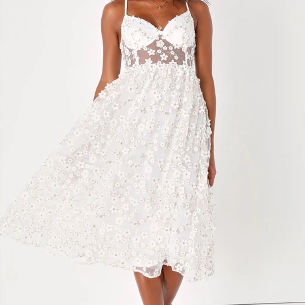 White Floral Lace Midi Dress